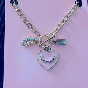 Juicy Couture Pink Enamel Heart necklace with crown charm cubic zirconia charm